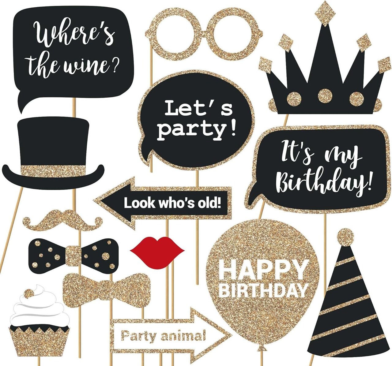 Fully Assembled Black & Gold Birthday Photo Booth Props – 30-Piece Glitter Party Kit, No DIY